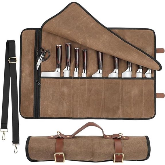 Leather Knife Roll with Canvas and Metal Buckles